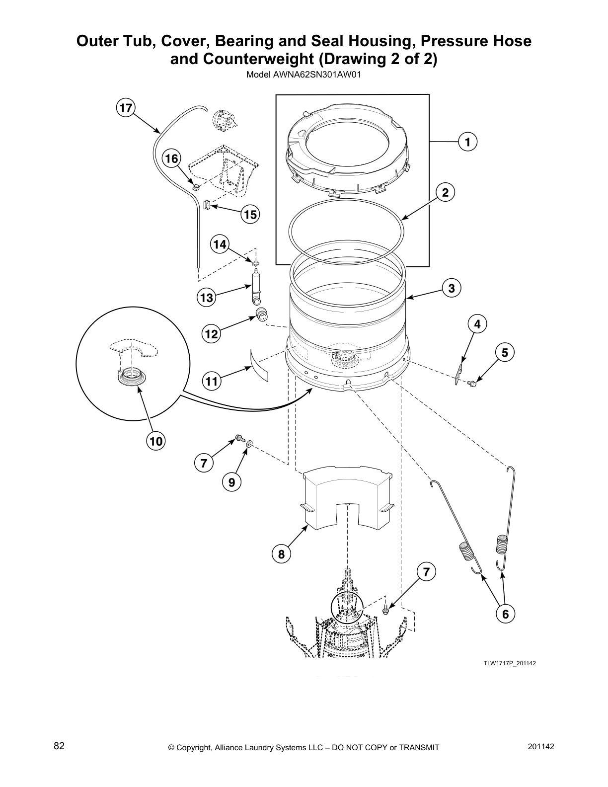 Outer Tub, Cover, Bearing and Seal Housing, Pressure Hose
and Counterweight (Drawing 2 of 2)