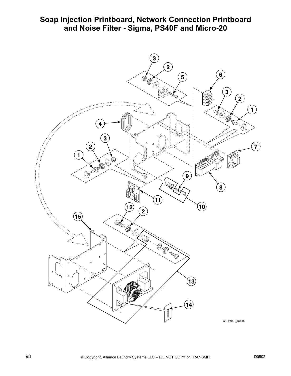 Soap Injection Printboard, Network Connection Printboard 
and Noise Filter - Sigma, PS40F and Micro-20