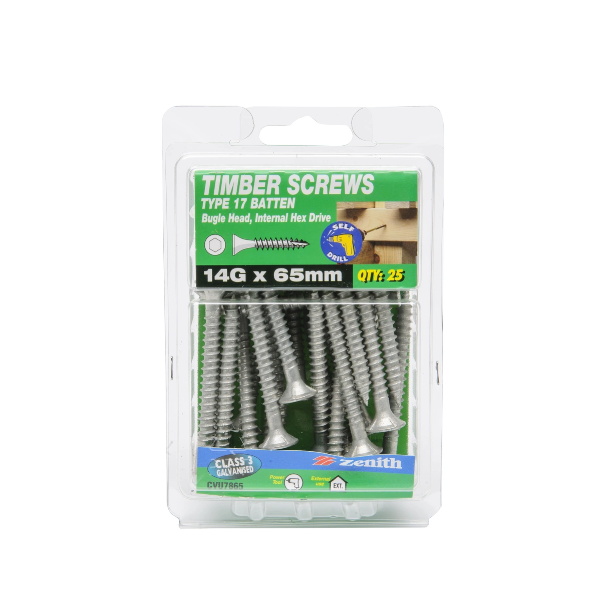 ZENITH® 14G x 65mm Class 3 Galvanised, Internal Hex Drive, Bugle Batten Screws – External Use – 25 Pack