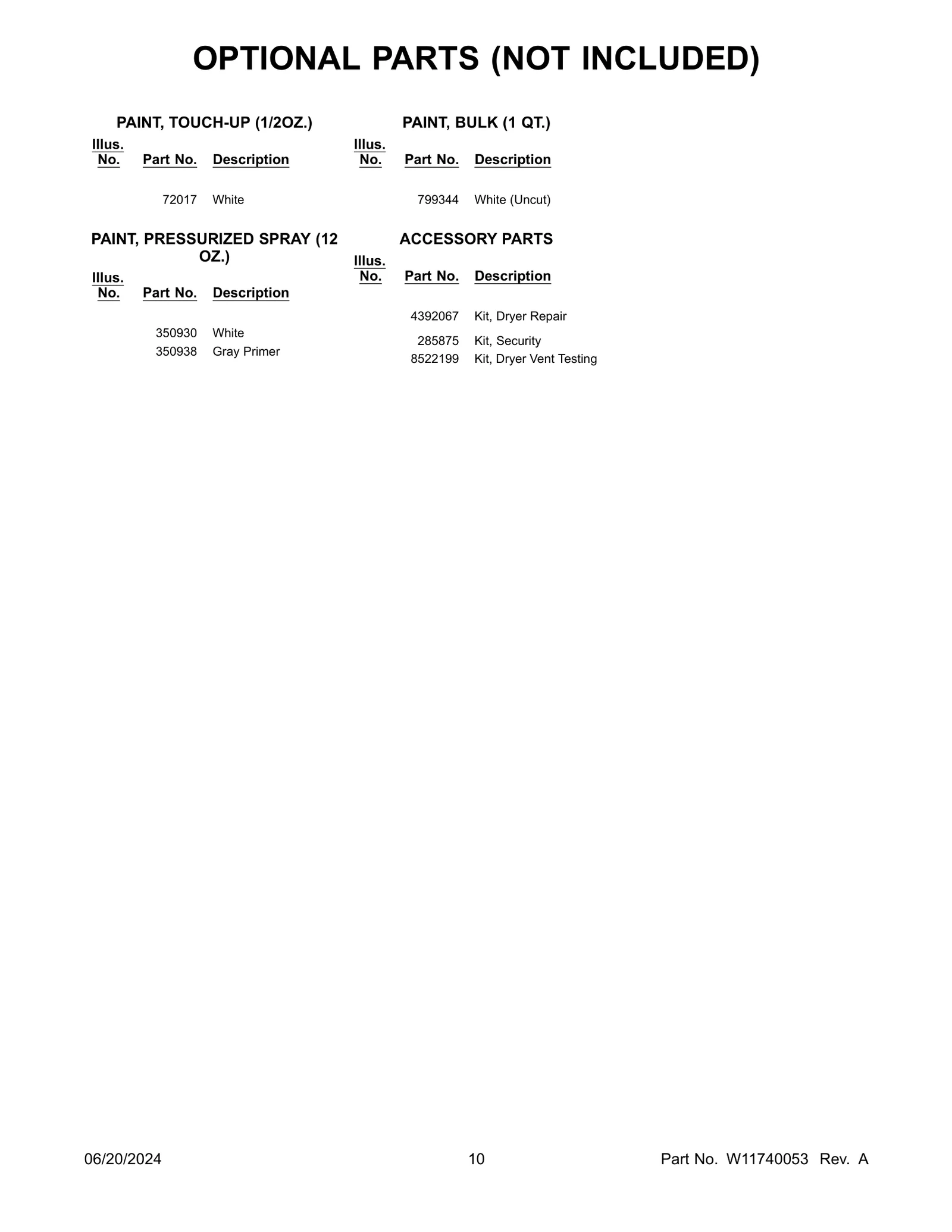 OPTIONAL PARTS (NOT INCLUDED)