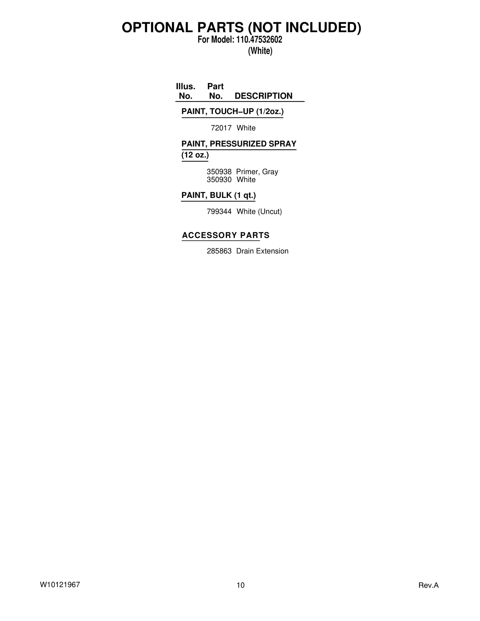 OPTIONAL PARTS (NOT INCLUDED)