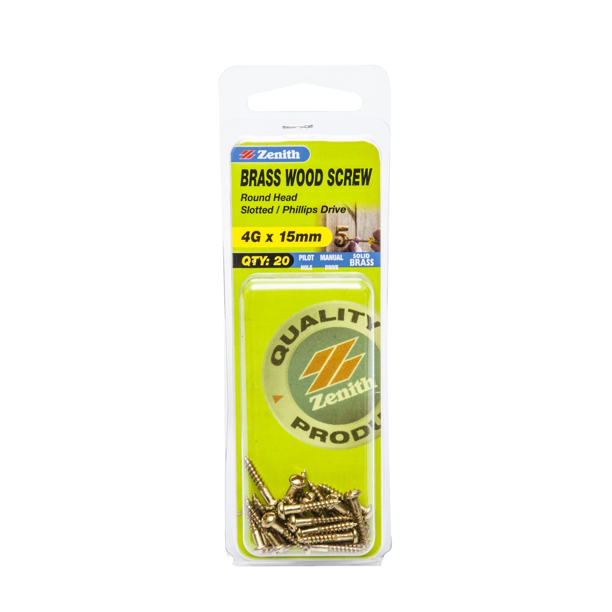ZENITH® 4G x 15mm Solid Brass, Combination Drive, Wood Screws – Internal Use – 20 Pack