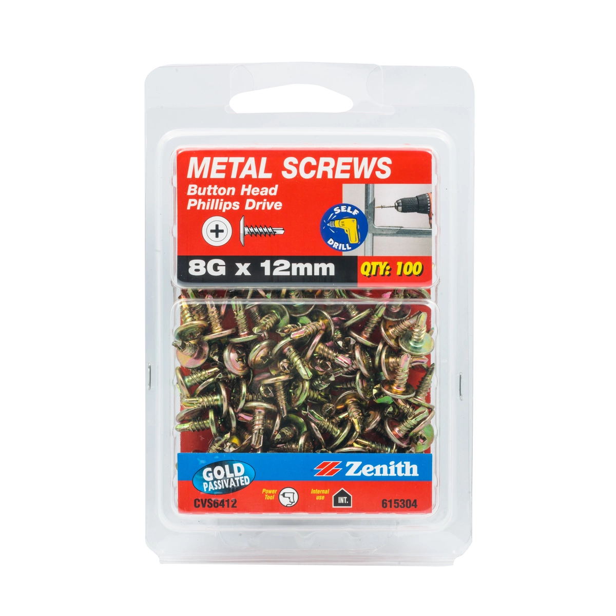 ZENITH® 8G x 12mm Gold Passivated, Self Drilling, Phillips Drive, Metal Screws – Internal Use – 100 Pack