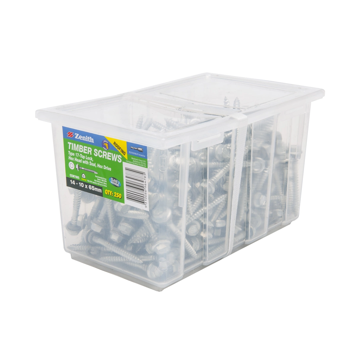 ZENITH® 14G x 65mm Class 3 Galvanised, External Hex Drive, Cladding & Roofing Screws with Seal – External Use – 250 Pack