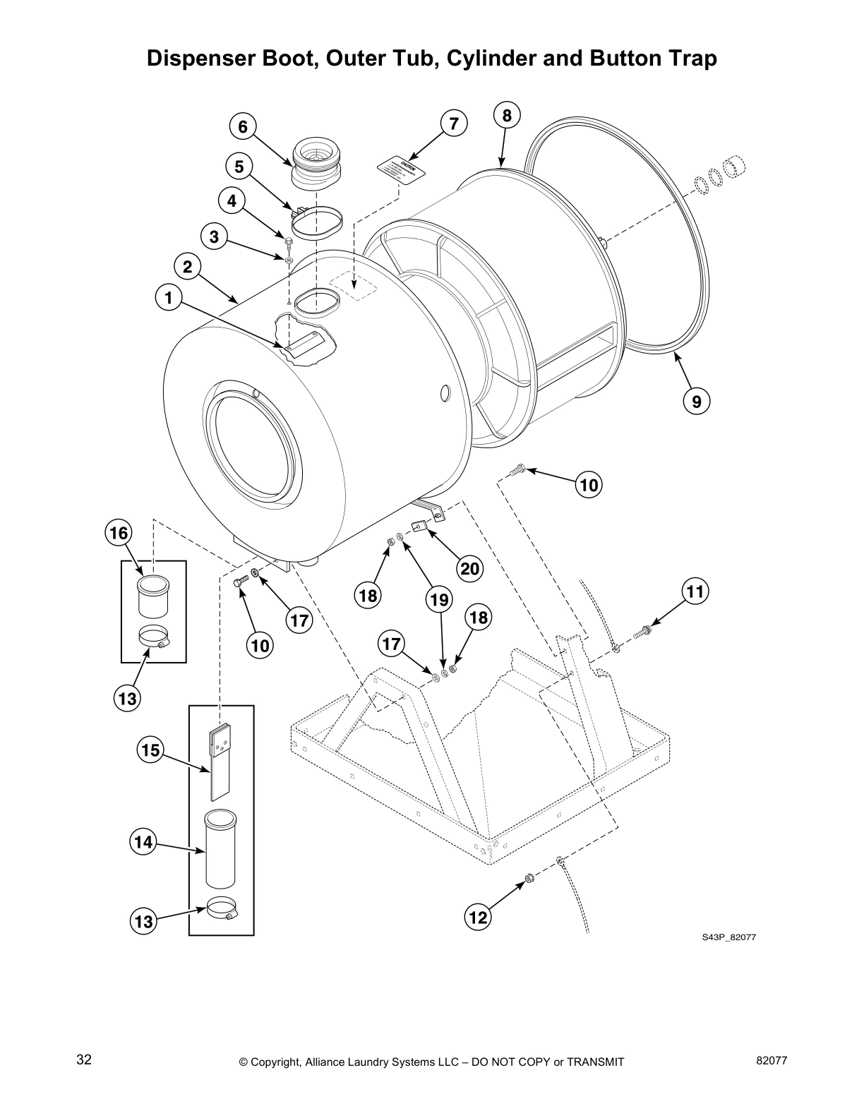 Dispenser Boot, Outer Tub, Cylinder and Button Trap