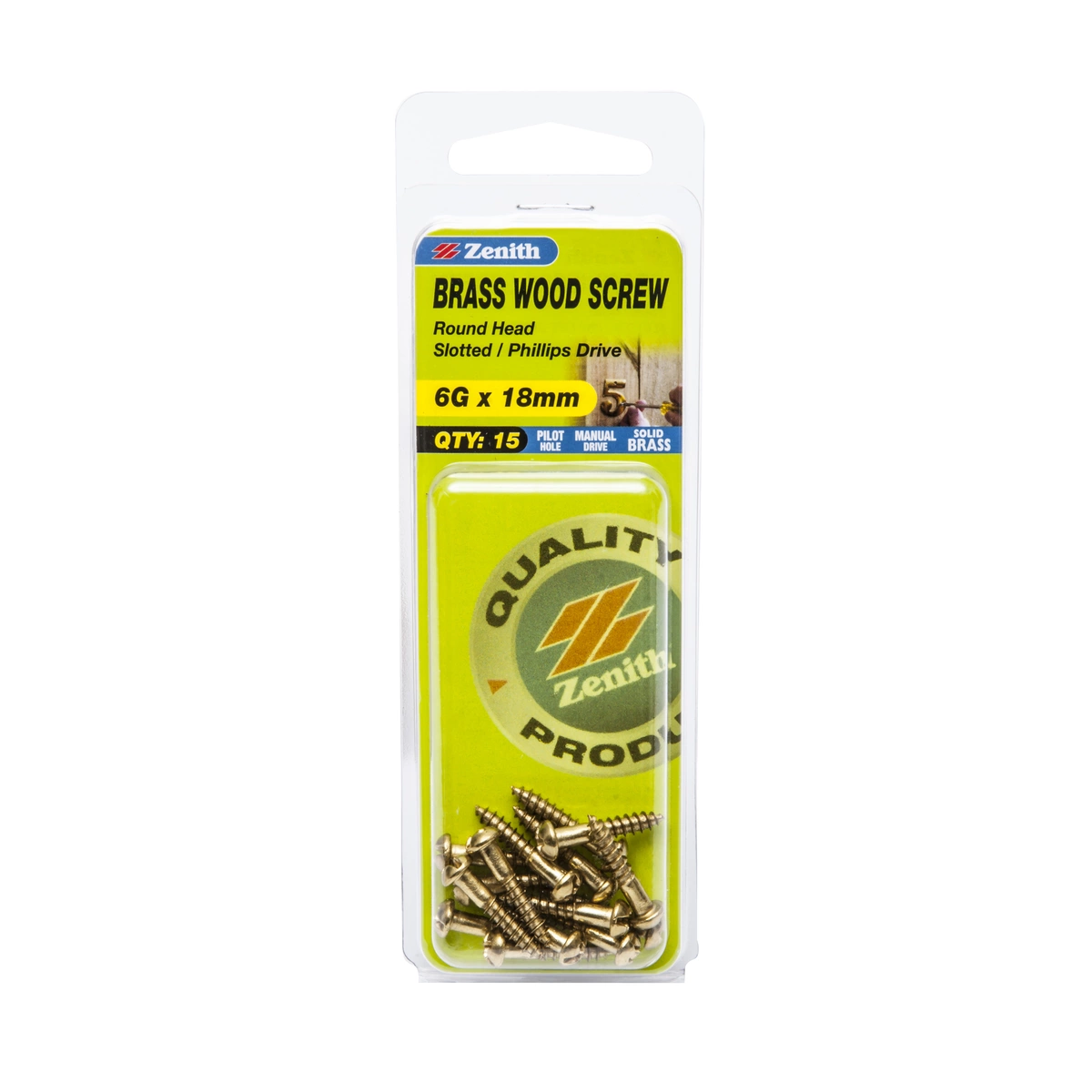 ZENITH® 6G x 18mm Solid Brass, Combination Drive, Wood Screws – Internal Use – 15 Pack