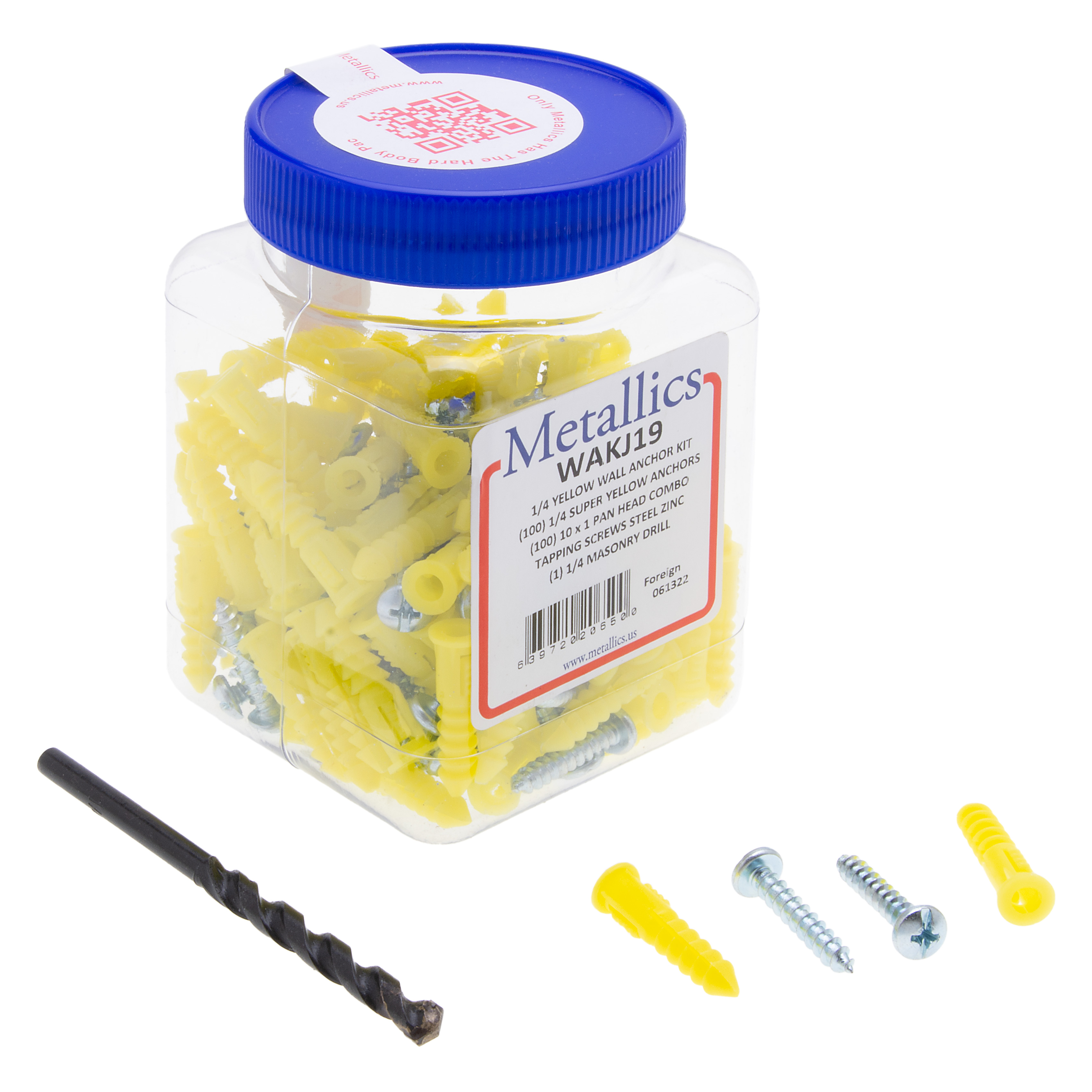 Wall Anchor Kit (Jar), 1/4 in. Size, 201 piece(s), Plastic, Super Yellow, including a(n) (100) 10 x 1 in. Pan Combo Screws and (100) 1/4 in. Super Yellow Plastic Anchors and (1) 1/4 in. Masonry Drill