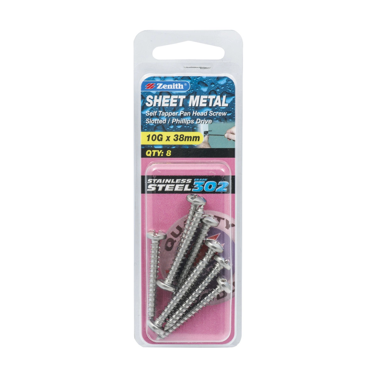 ZENITH® 10G x 38mm 304 Stainless Steel, Self Tapping, Combination Drive, Sheet Metal Screws – External Use – 8 Pack
