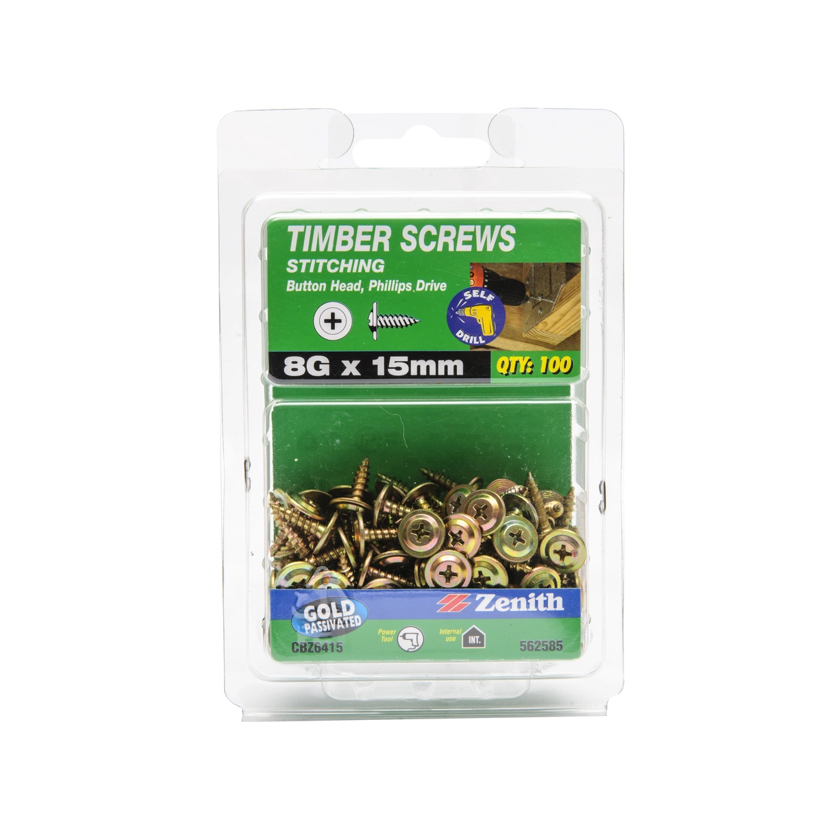 ZENITH® 8G x 15mm Gold Passivated, Phillips Drive, Stitching Screws – Internal Use – 100 Pack