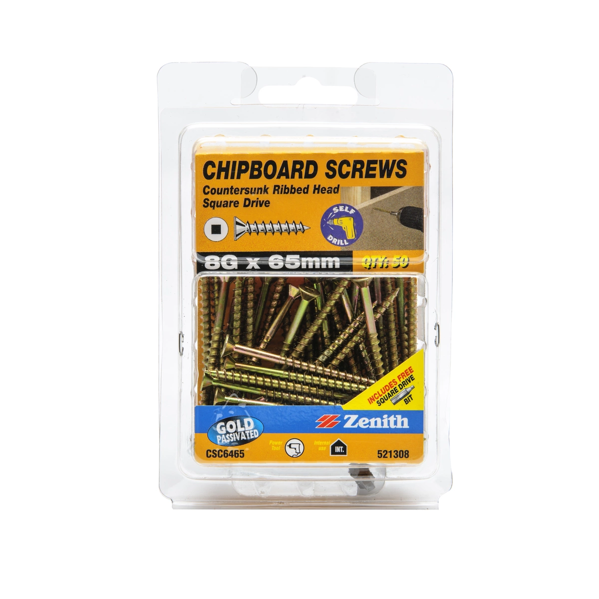 ZENITH® 8G x 65mm Gold Passivated, Square Drive, Chipboard Screws – Internal Use – 50 Pack