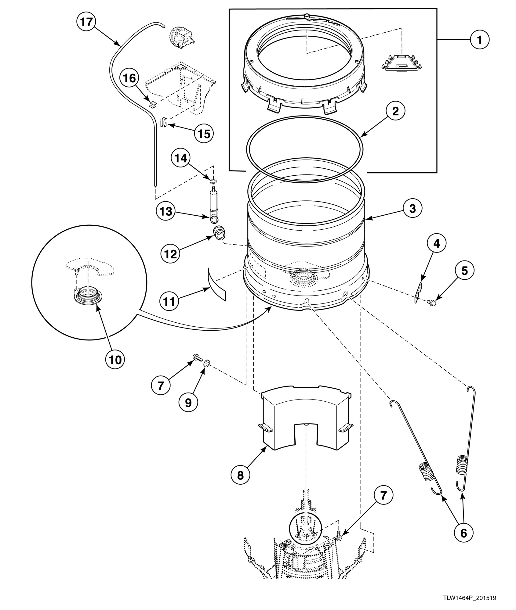 Outer Tub, Cover, Bearing and Seal Housing, Pressure Hose and Counterweight