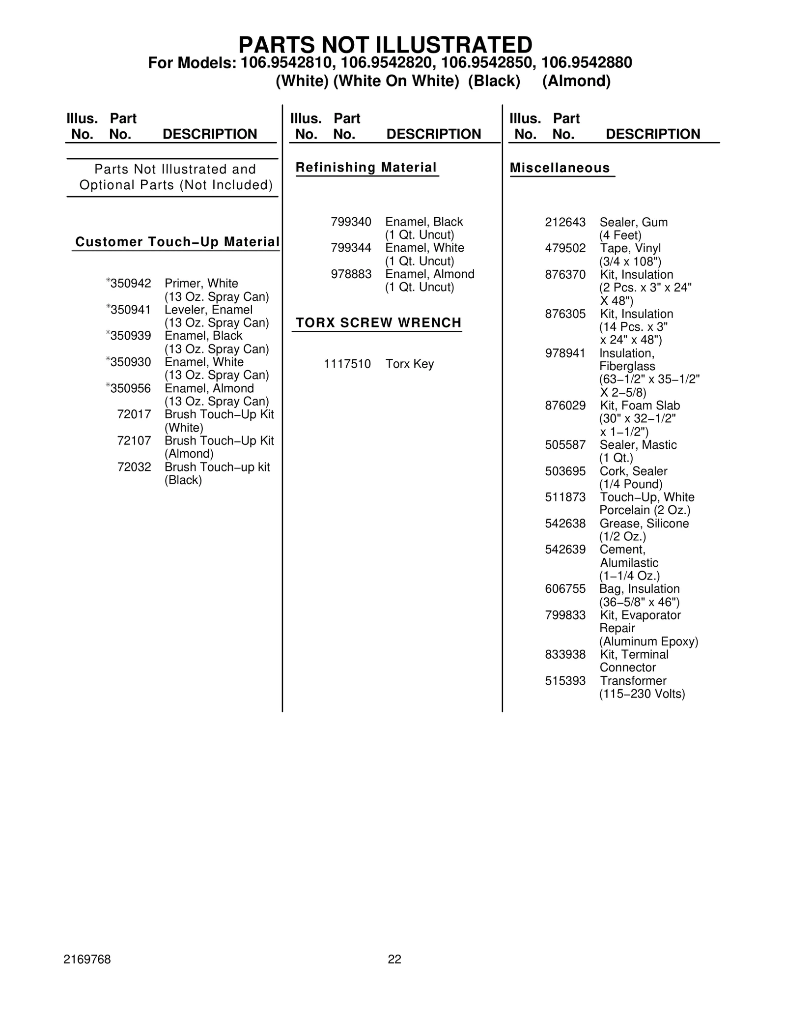 Optional Parts (Not Included)