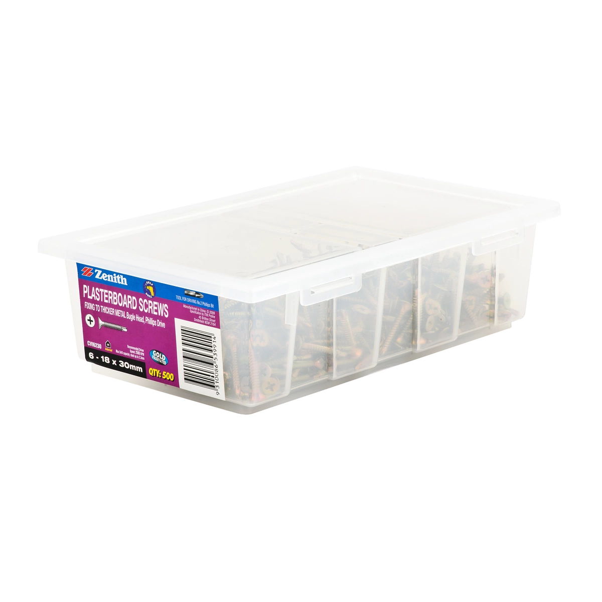 ZENITH® 6G x 30mm Gold Passivated, Self Drilling, Phillips Drive, Plasterboard Screws – Internal Use – 500 Pack