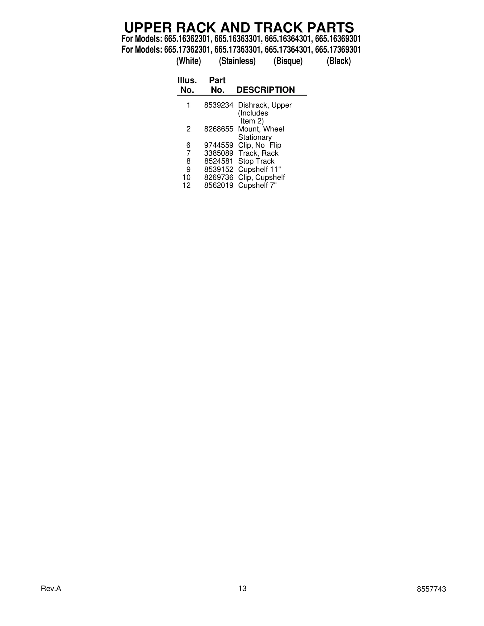 UPPER RACK AND TRACK PARTS