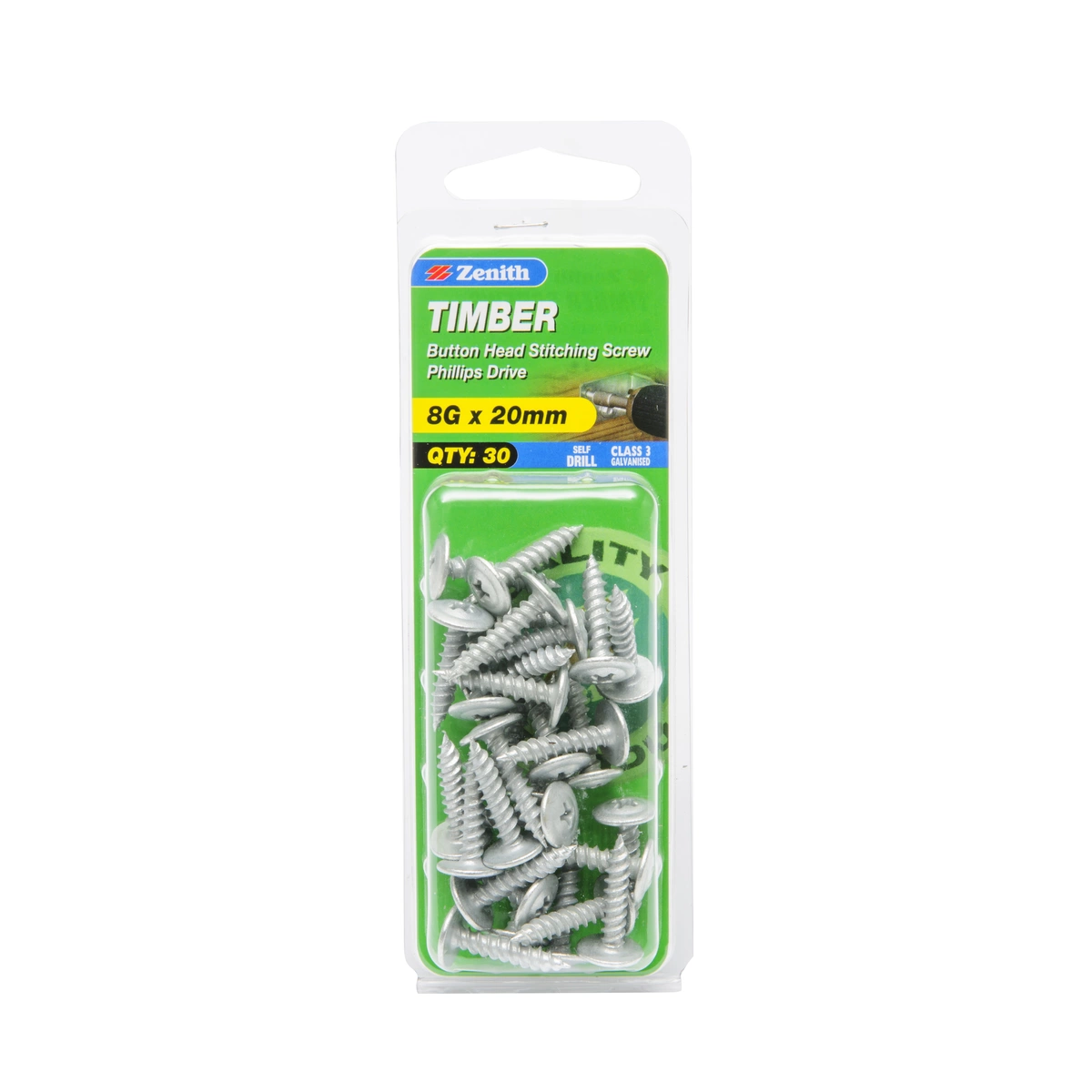 ZENITH® 8G x 20mm Class 3 Galvanised, Phillips Drive, Stitching Screws – External Use – 30 Pack