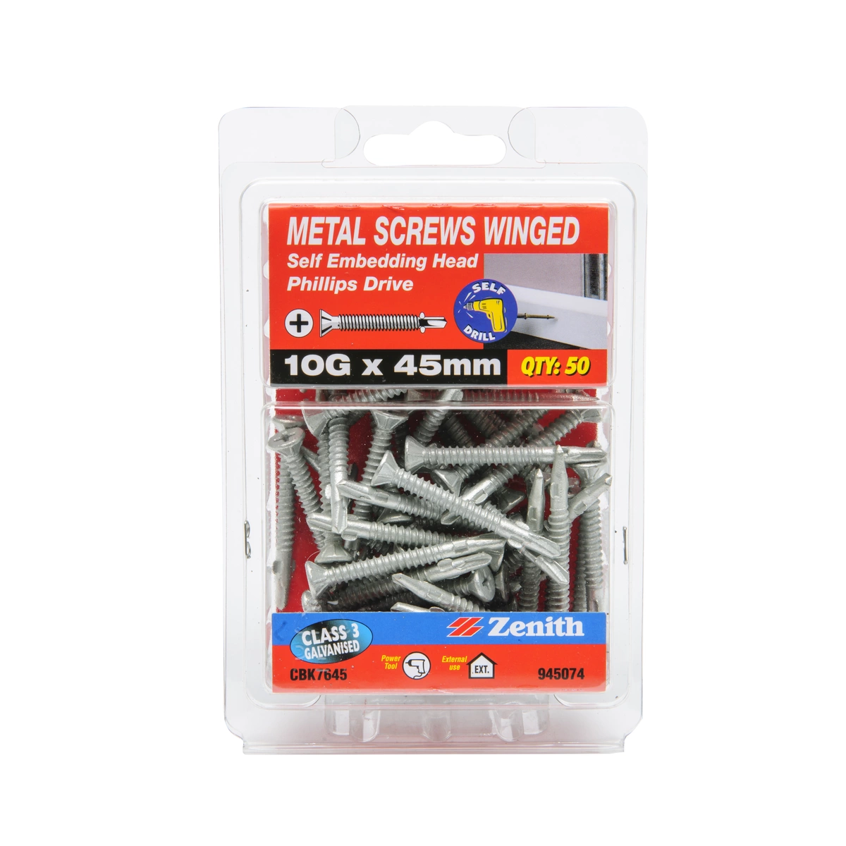 ZENITH® 10G x 45mm Class 3 Galvanised, Self Drilling, Phillips Drive, Metal Screws – External Use – 50 Pack