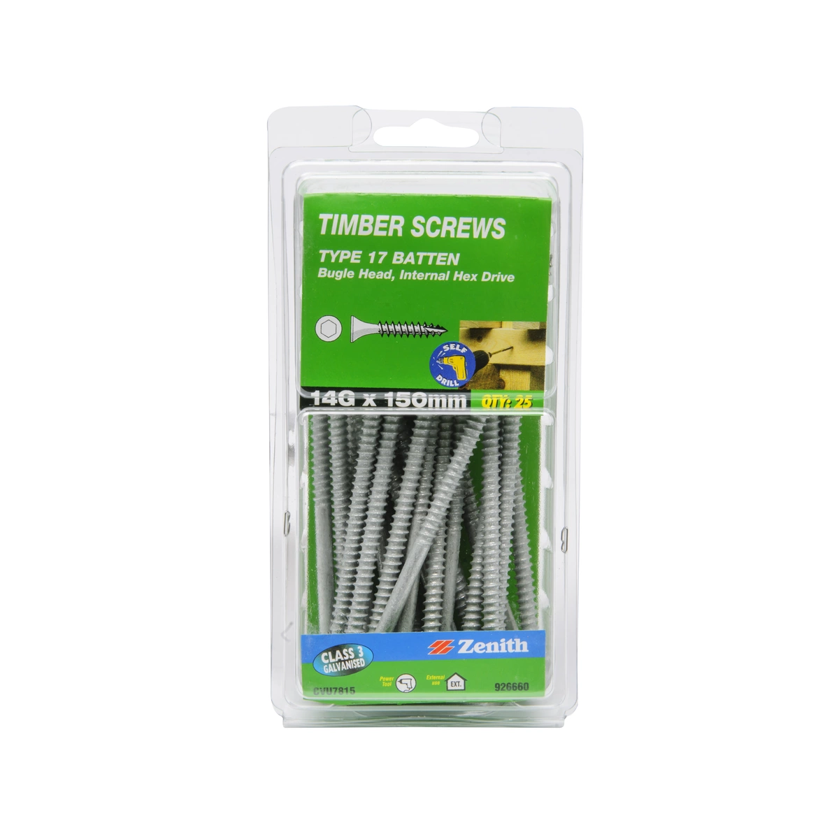 ZENITH® 14G x 150mm Class 3 Galvanised, Self Drilling, Internal Hex Drive, Bugle Batten Screws – External Use – 25 Pack