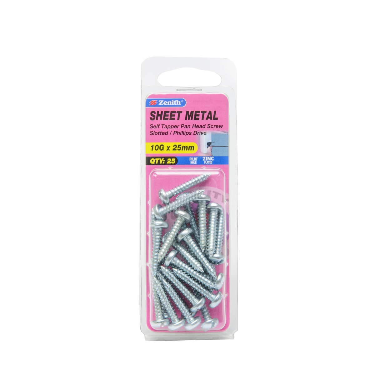 ZENITH® 10G x 25mm Zinc Plated, Self Tapping, Combination Drive, Sheet Metal Screws – Internal Use – 25 Pack