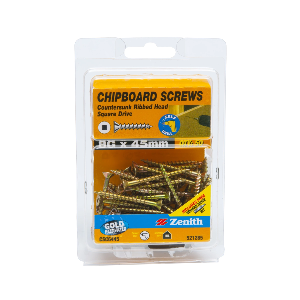 ZENITH® 8G x 45mm Gold Passivated, Square Drive, Chipboard Screws – Internal Use – 50 Pack