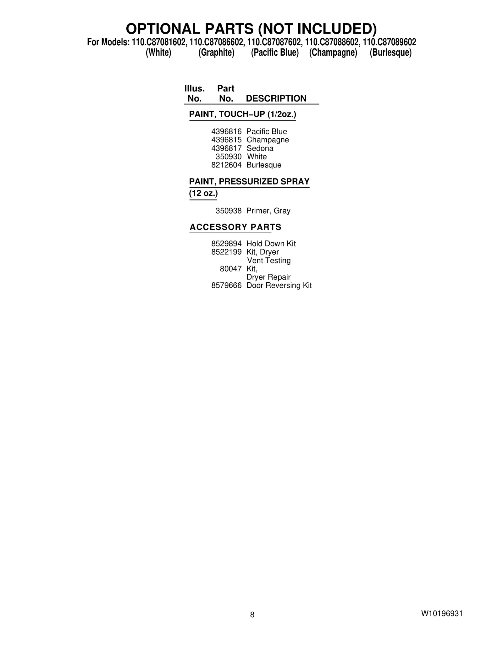 OPTIONAL PARTS (NOT INCLUDED)