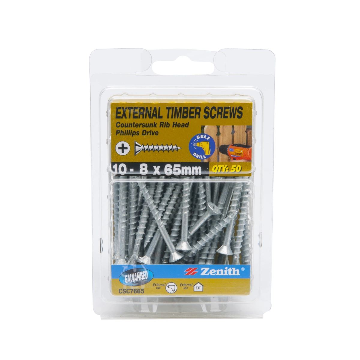 ZENITH® 10G x 65mm Galvanised, Phillips Drive, Timber Screws – External Use – 50 Pack