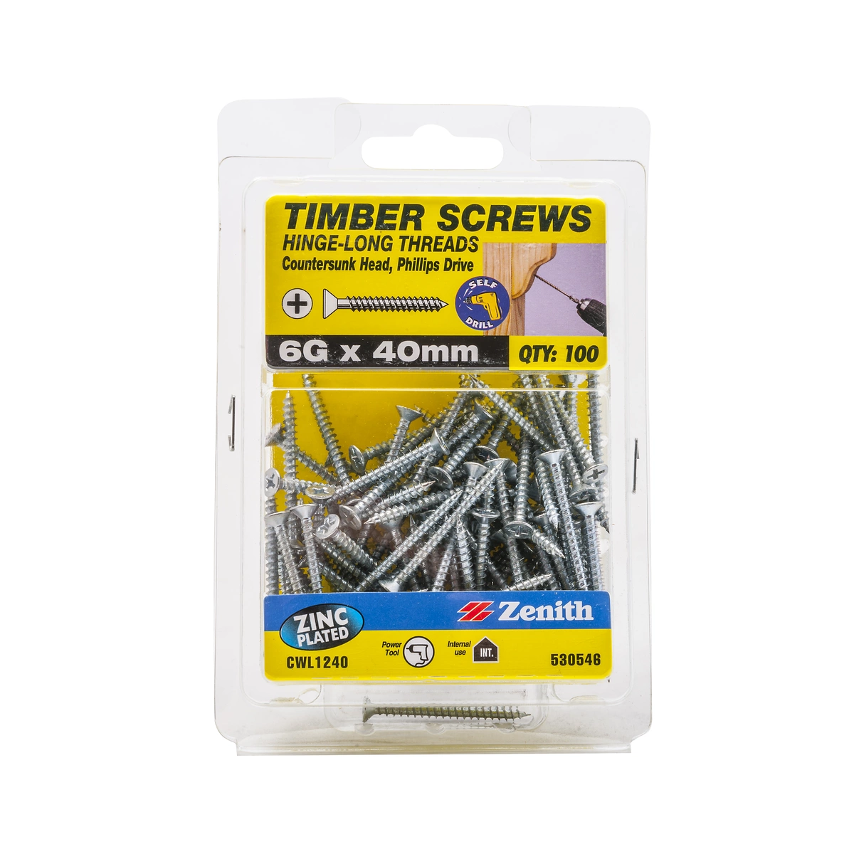 ZENITH® 6G x 40mm Zinc Plated, Phillips Drive, Timber Screws – Internal Use – 100 Pack
