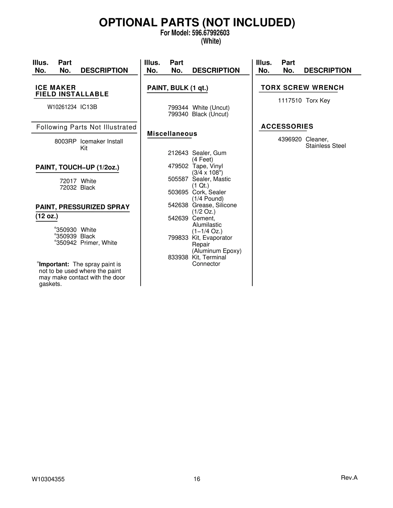 OPTIONAL PARTS (NOT INCLUDED)