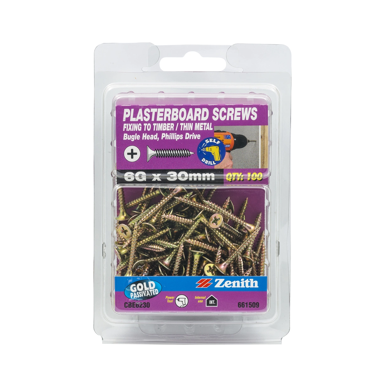 ZENITH® 6G x 30mm Gold Passivated, Phillips Drive, Plasterboard Screws – Internal Use – 100 Pack