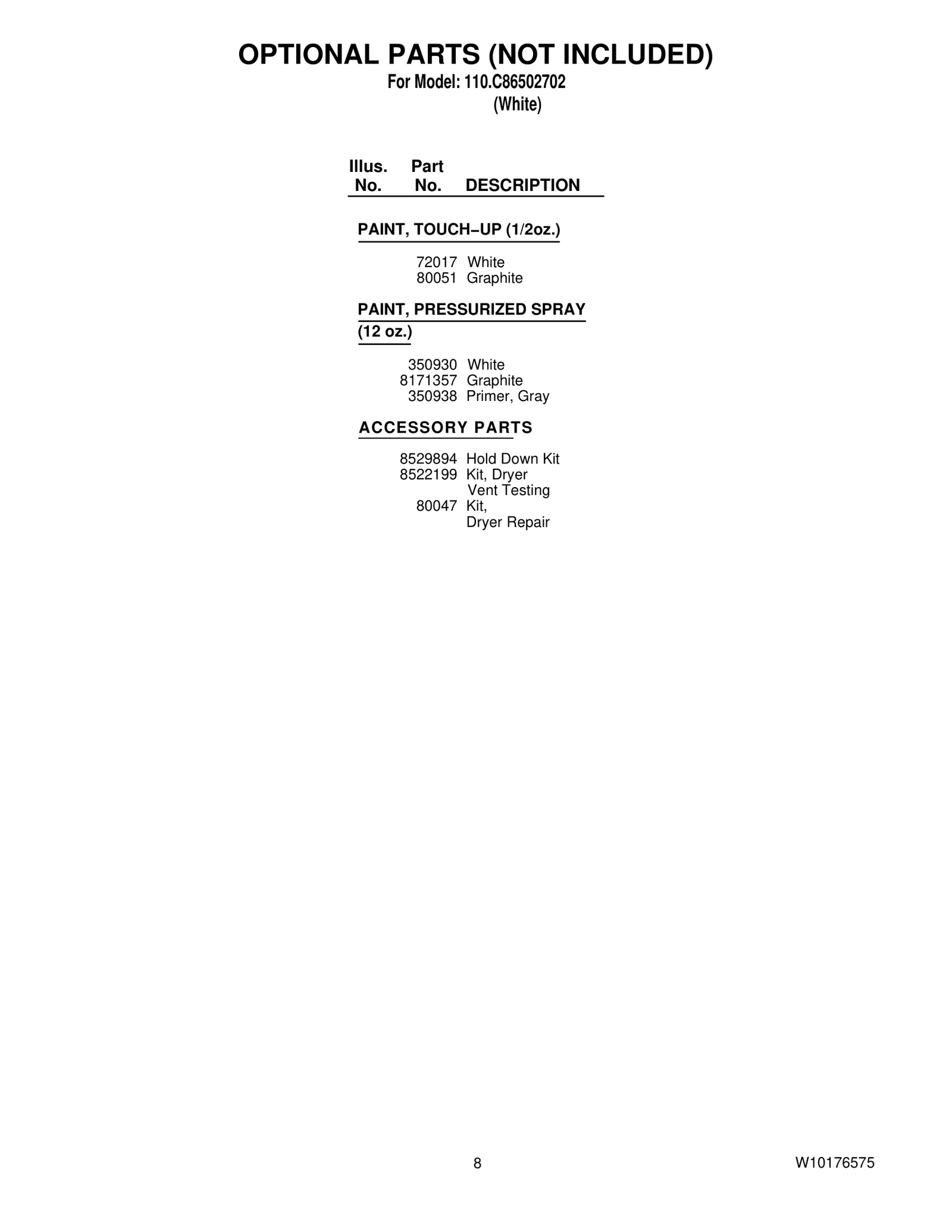 OPTIONAL PARTS (NOT INCLUDED)