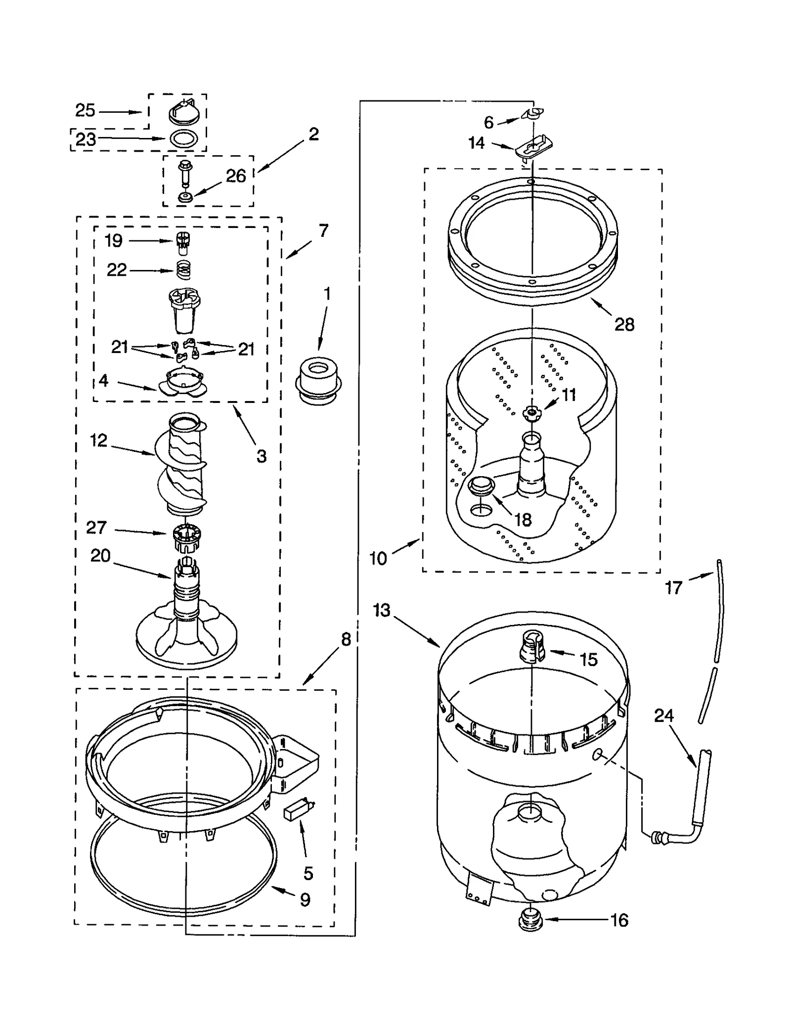 AGITATOR, BASKET AND TUB