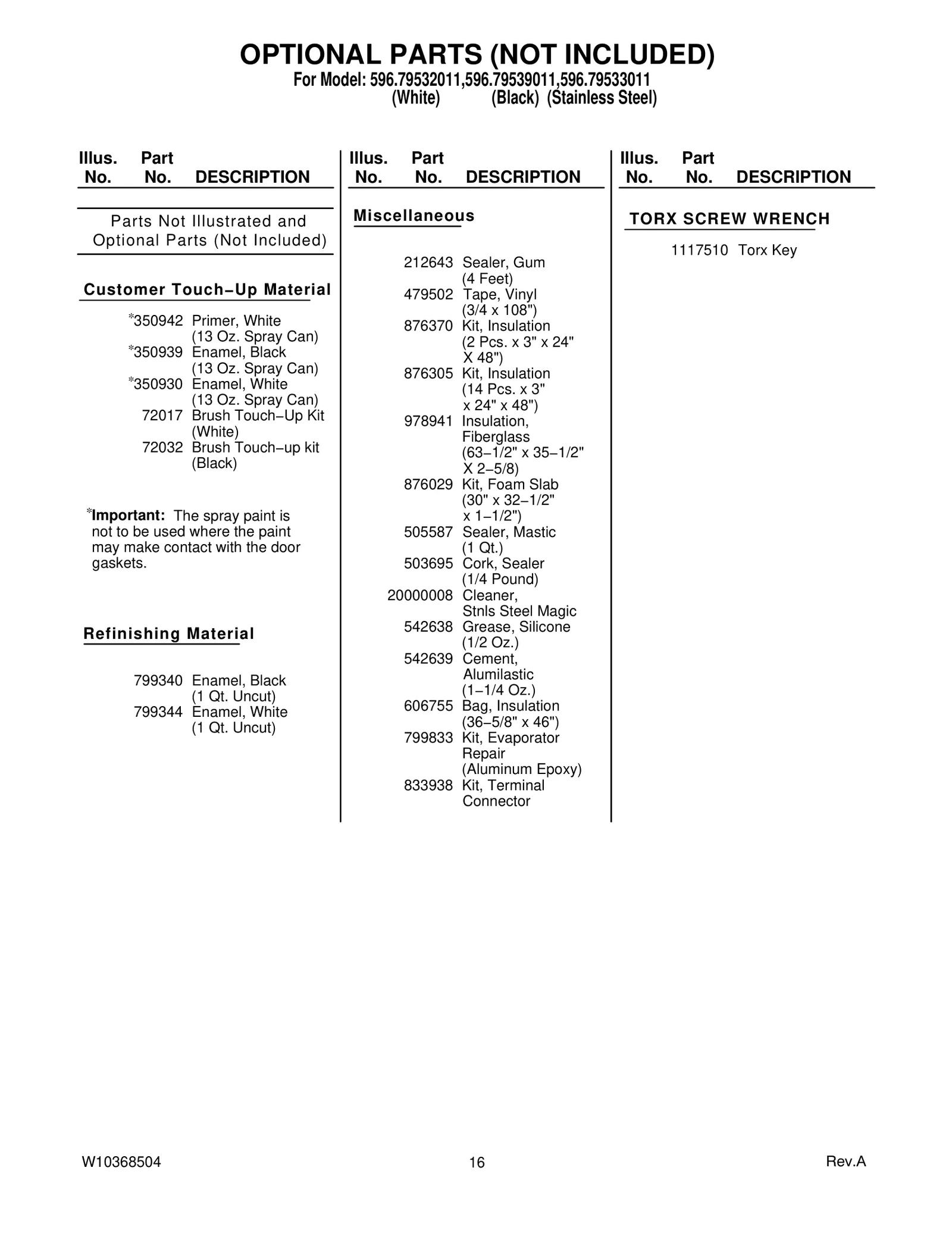 OPTIONAL PARTS (NOT INCLUDED)