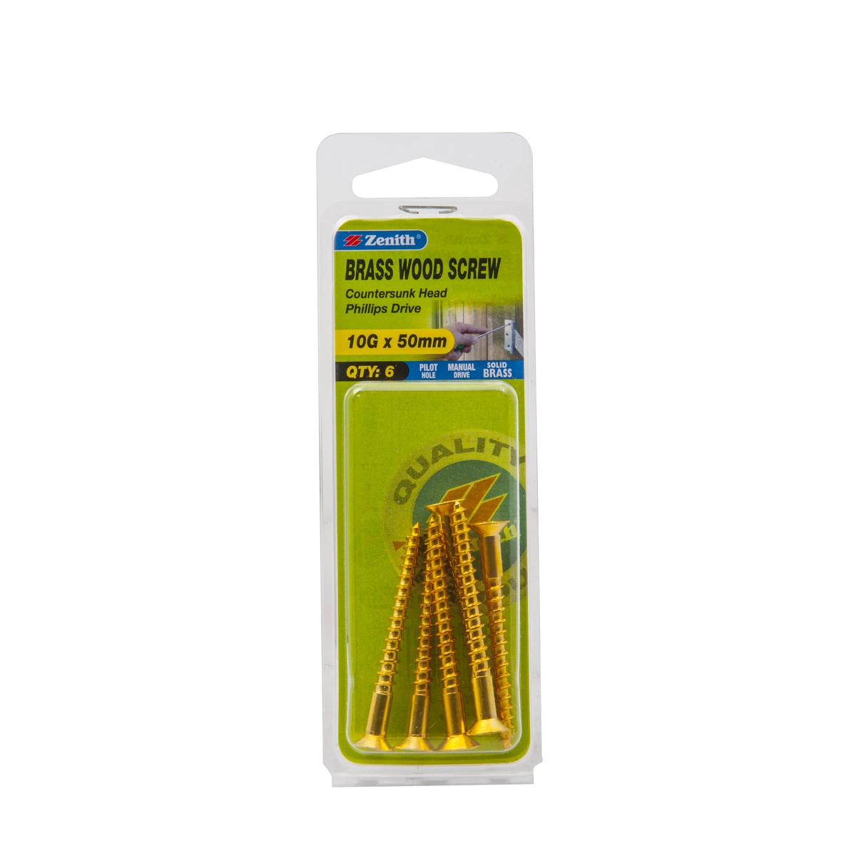 ZENITH® 10G x 50mm Solid Brass, Phillips Drive, Wood Screws – Internal Use – 6 Pack