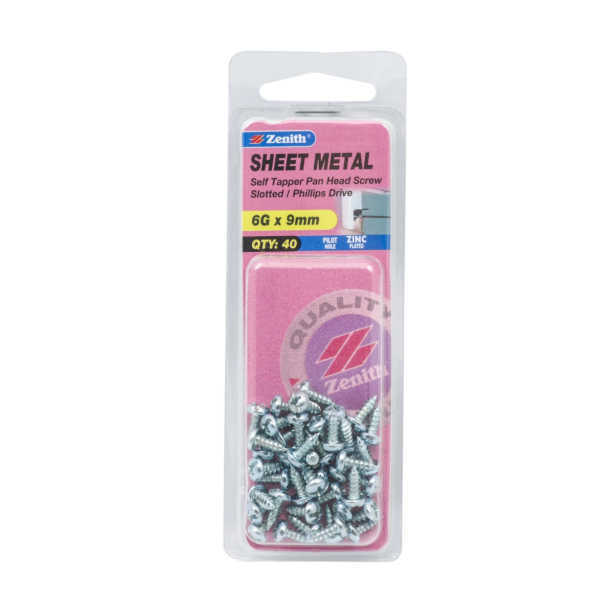 ZENITH® 6G x 9mm Zinc Plated, Self Tapping, Combination Drive, Sheet Metal Screws – Internal Use – 40 Pack