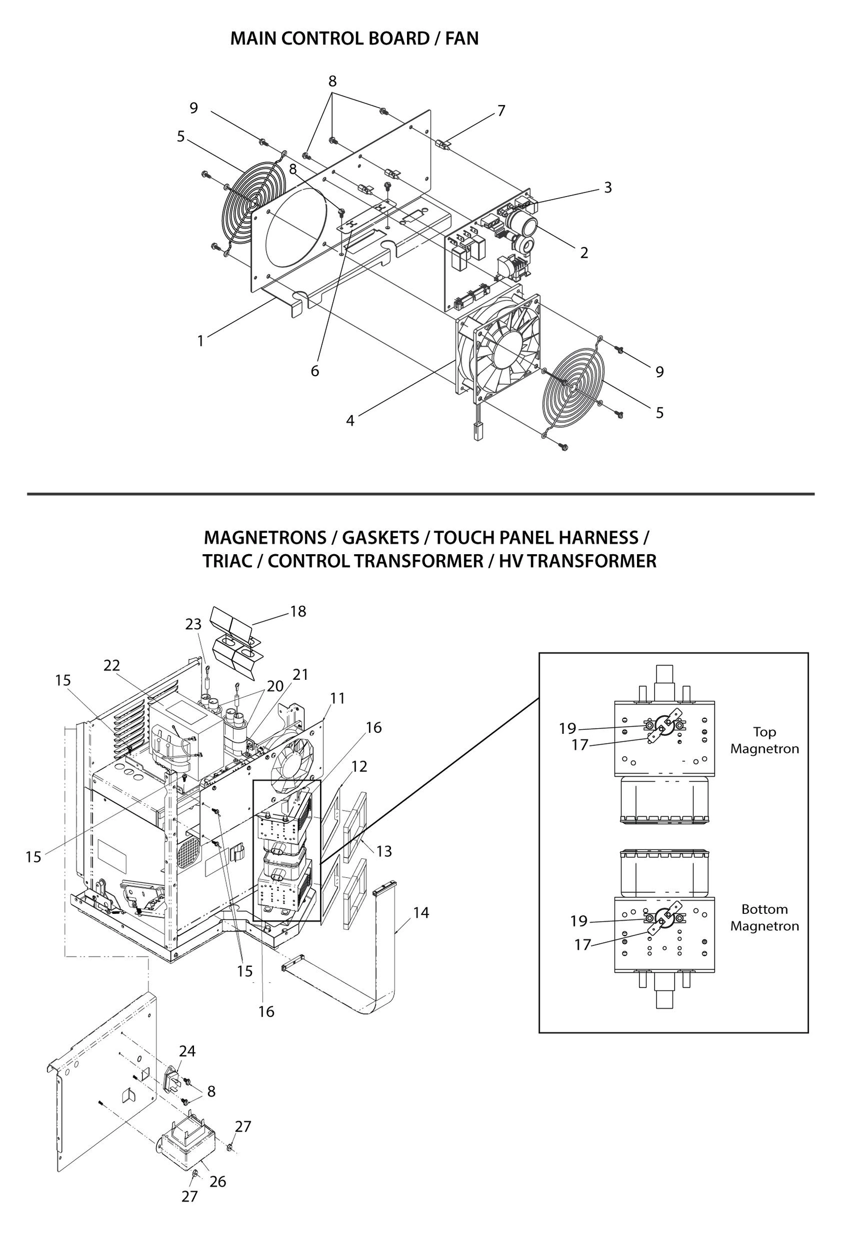 MAIN CONTROL BOARD / FAN / MAGNETRONS / TRANSFORMERS