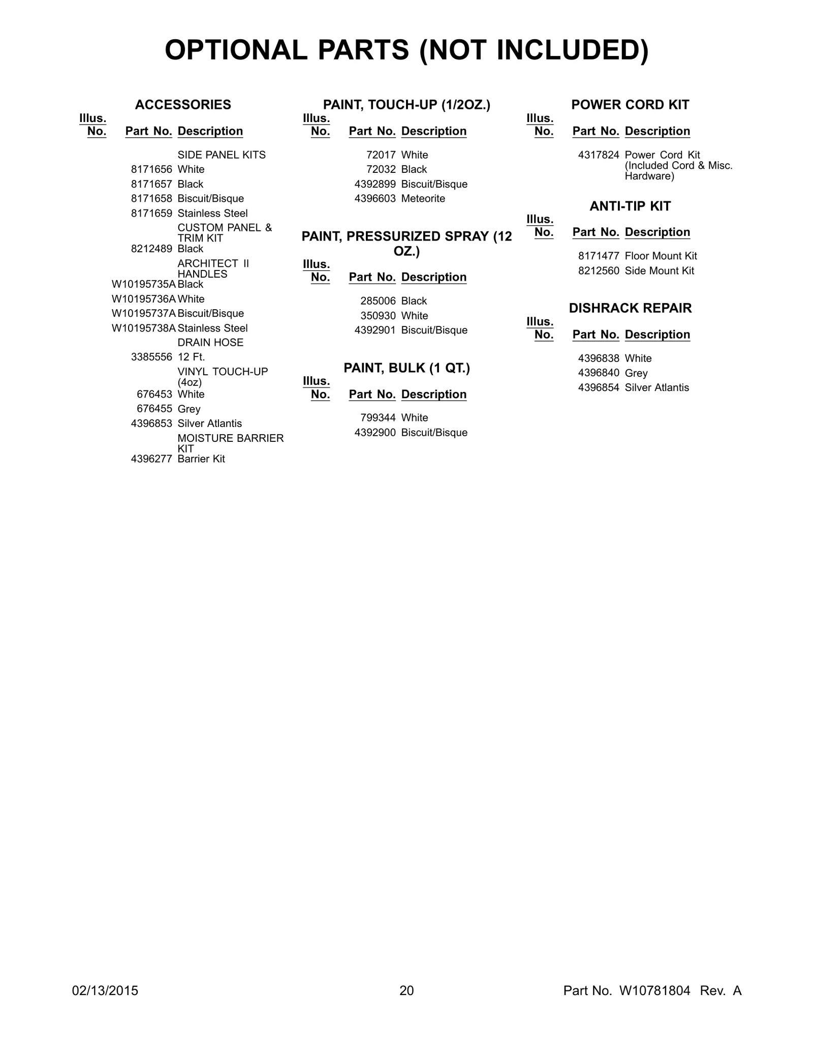 OPTIONAL PARTS (NOT INCLUDED)