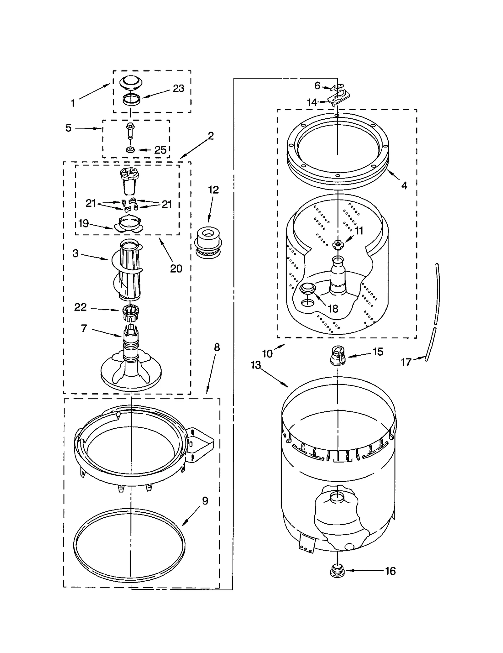 AGITATOR, BASKET AND TUB