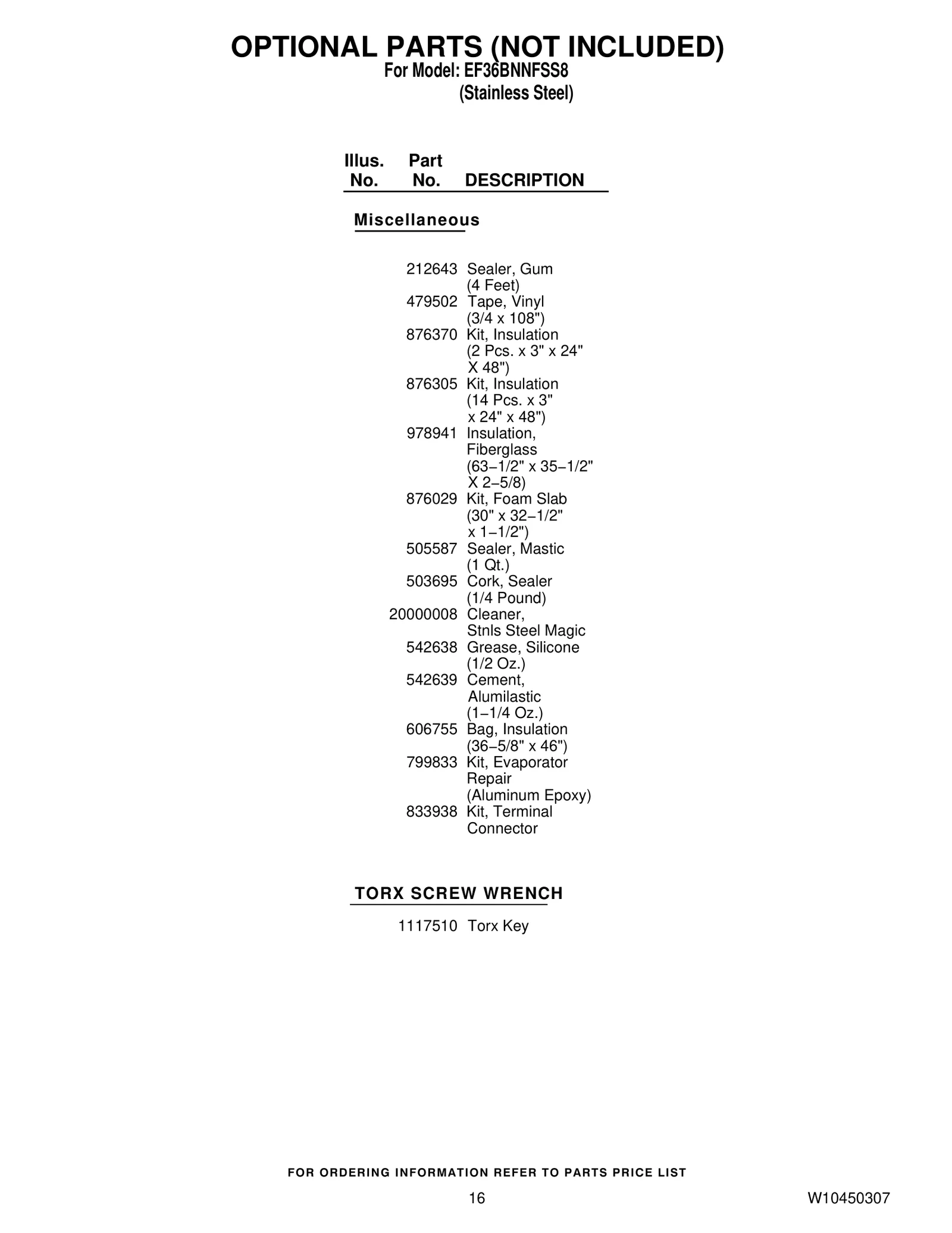 OPTIONAL PARTS (NOT INCLUDED)