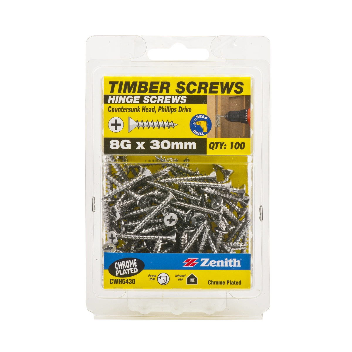 ZENITH® 8G x 30mm Chrome Plated, Phillips Drive, Hinge Screws – Internal Use – 100 Pack