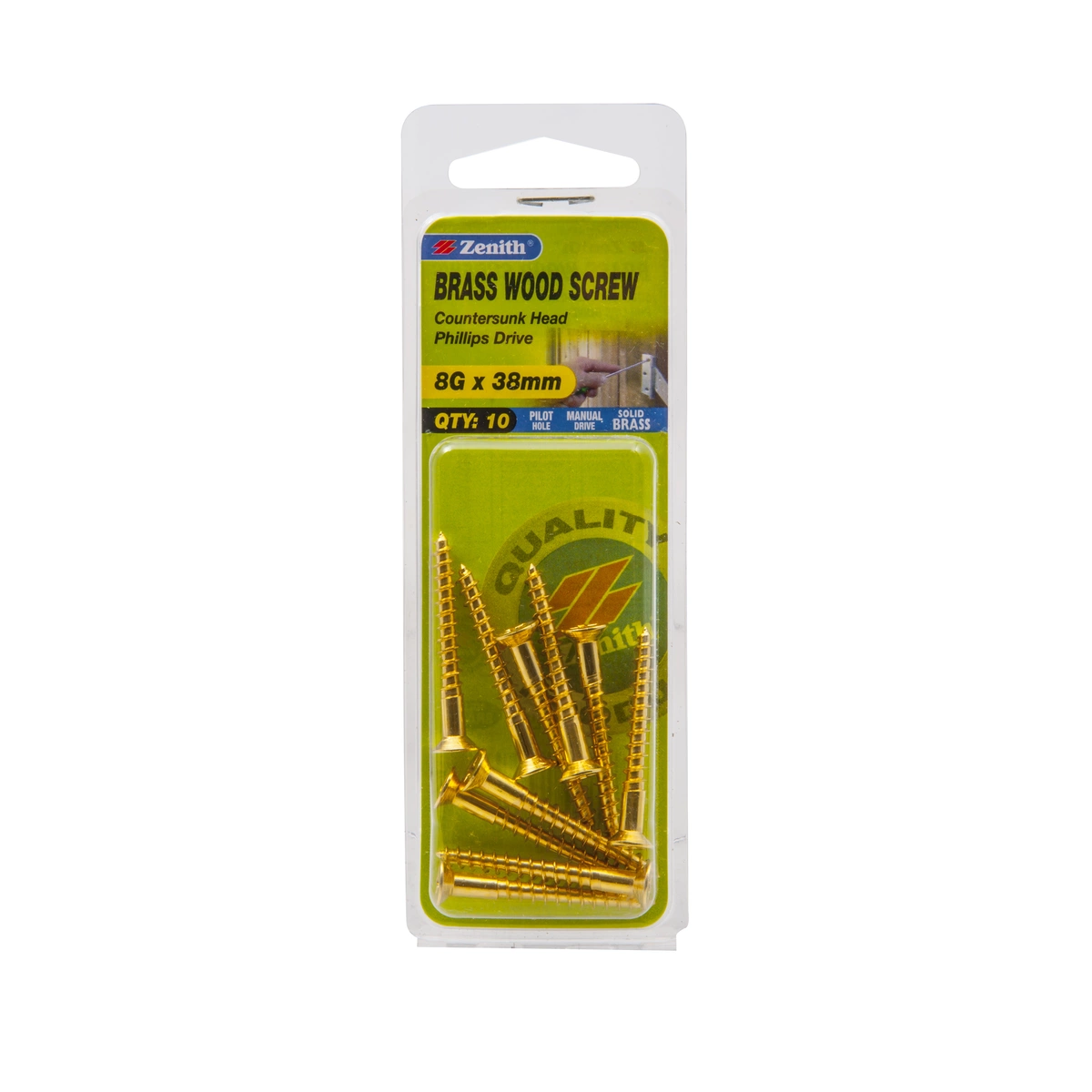 ZENITH® 8G x 38mm Solid Brass, Phillips Drive, Wood Screws – Internal Use – 10 Pack