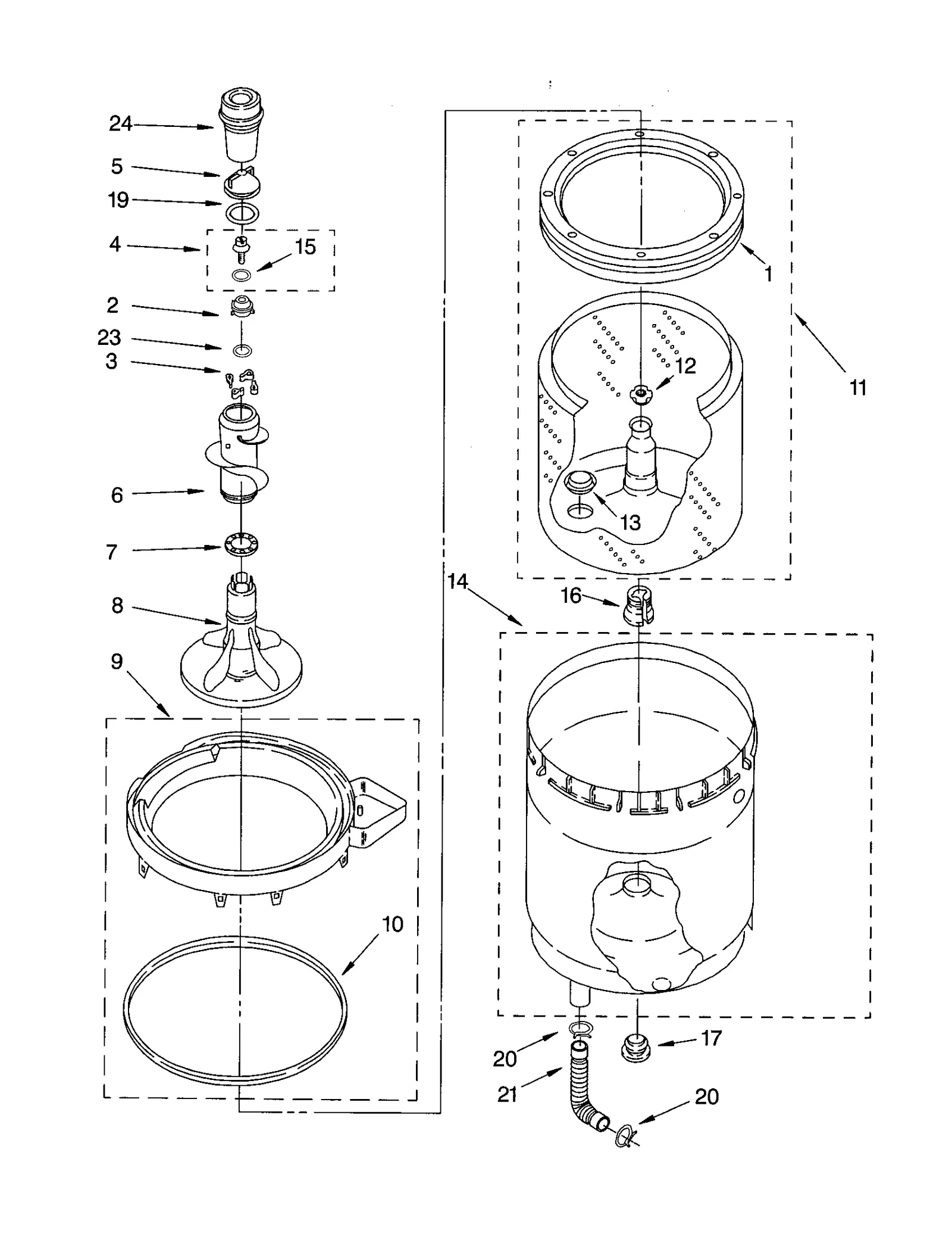 AGITATOR, BASKET AND TUB