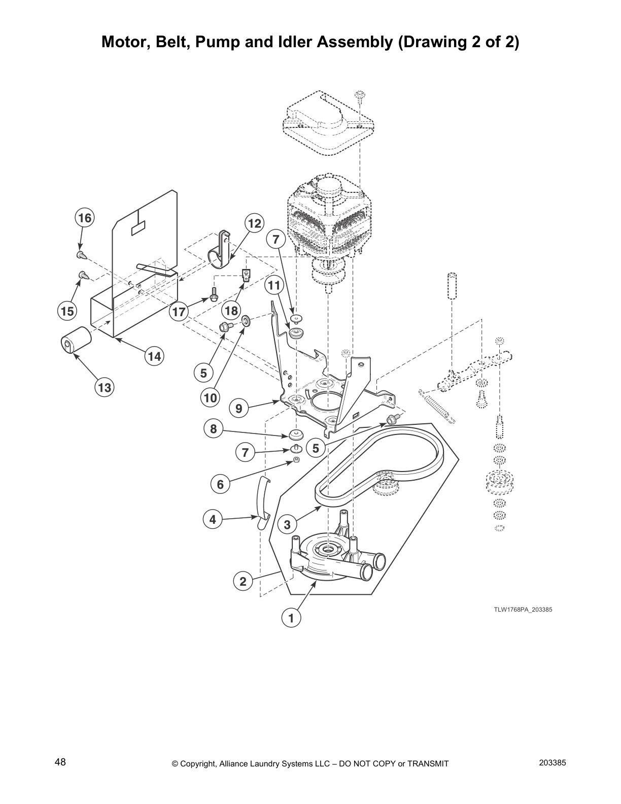 Motor, Belt, Pump and Idler Assembly (Drawing 2 of 2)