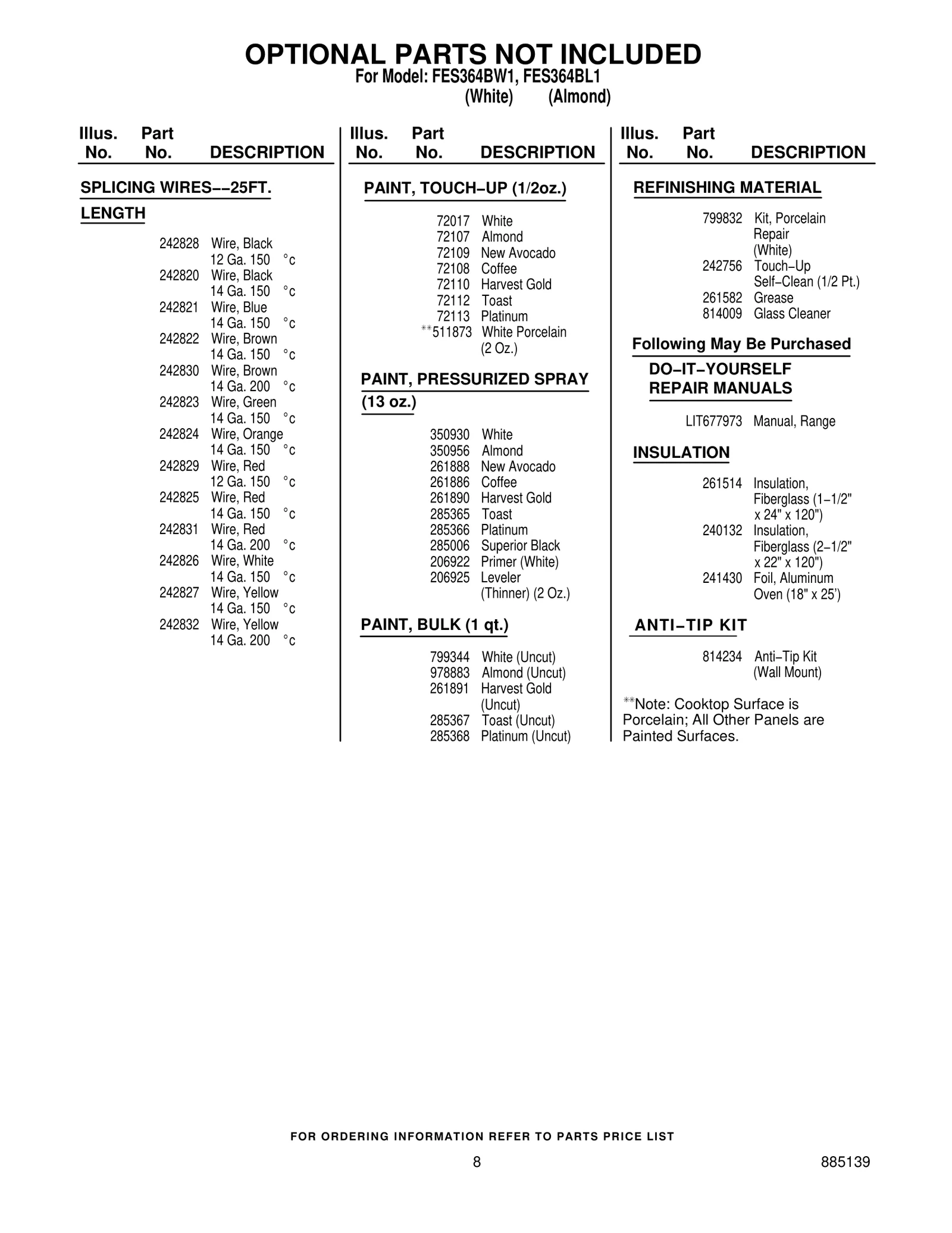 OPTIONAL PARTS NOT INCLUDED