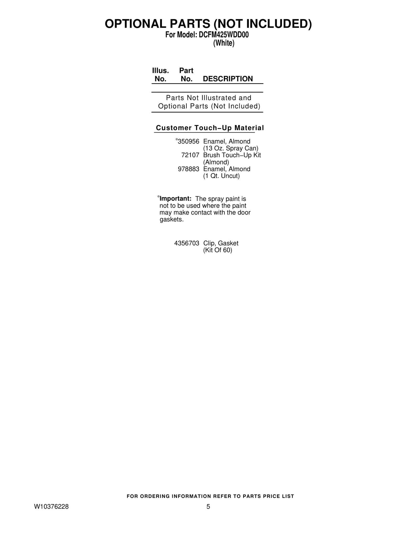 OPTIONAL PARTS (NOT INCLUDED)