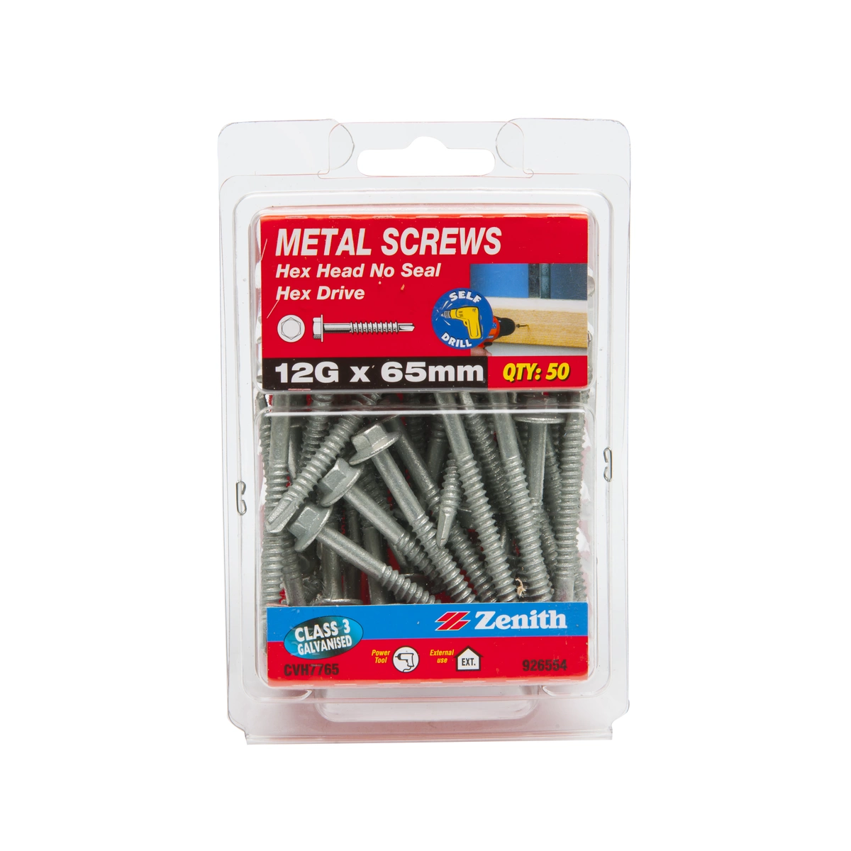 ZENITH® 12G x 65mm Class 3 Galvanised, Self Drilling, External Hex Drive, Metal Screws – External Use – 50 Pack