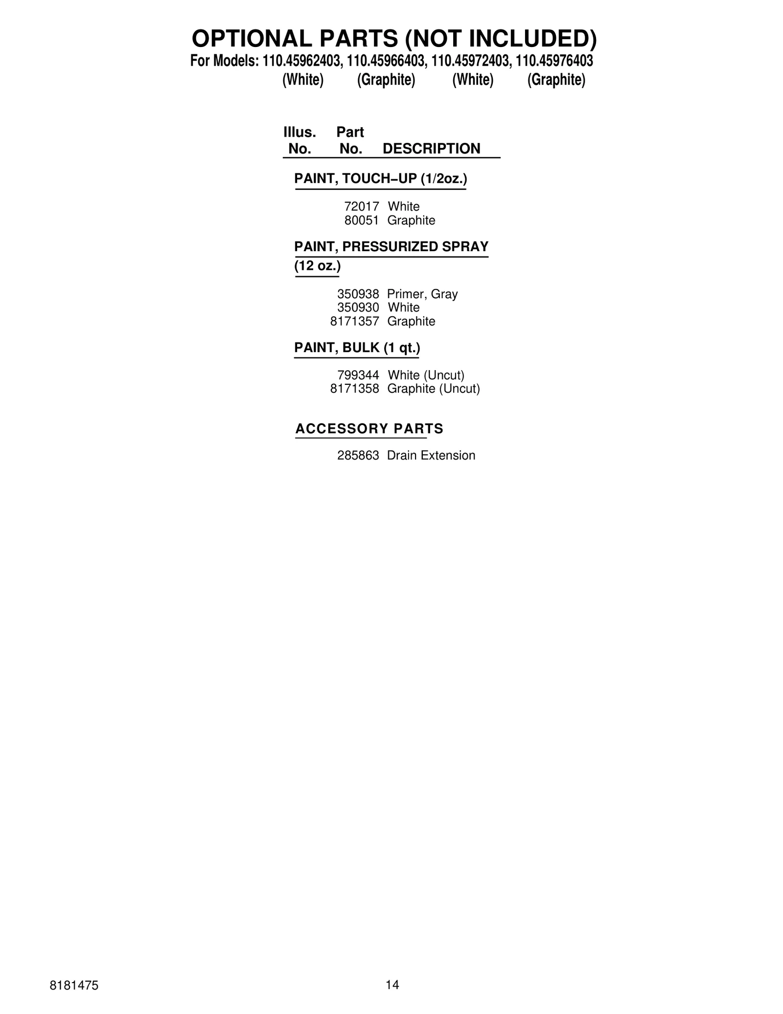 OPTIONAL PARTS (NOT INCLUDED)