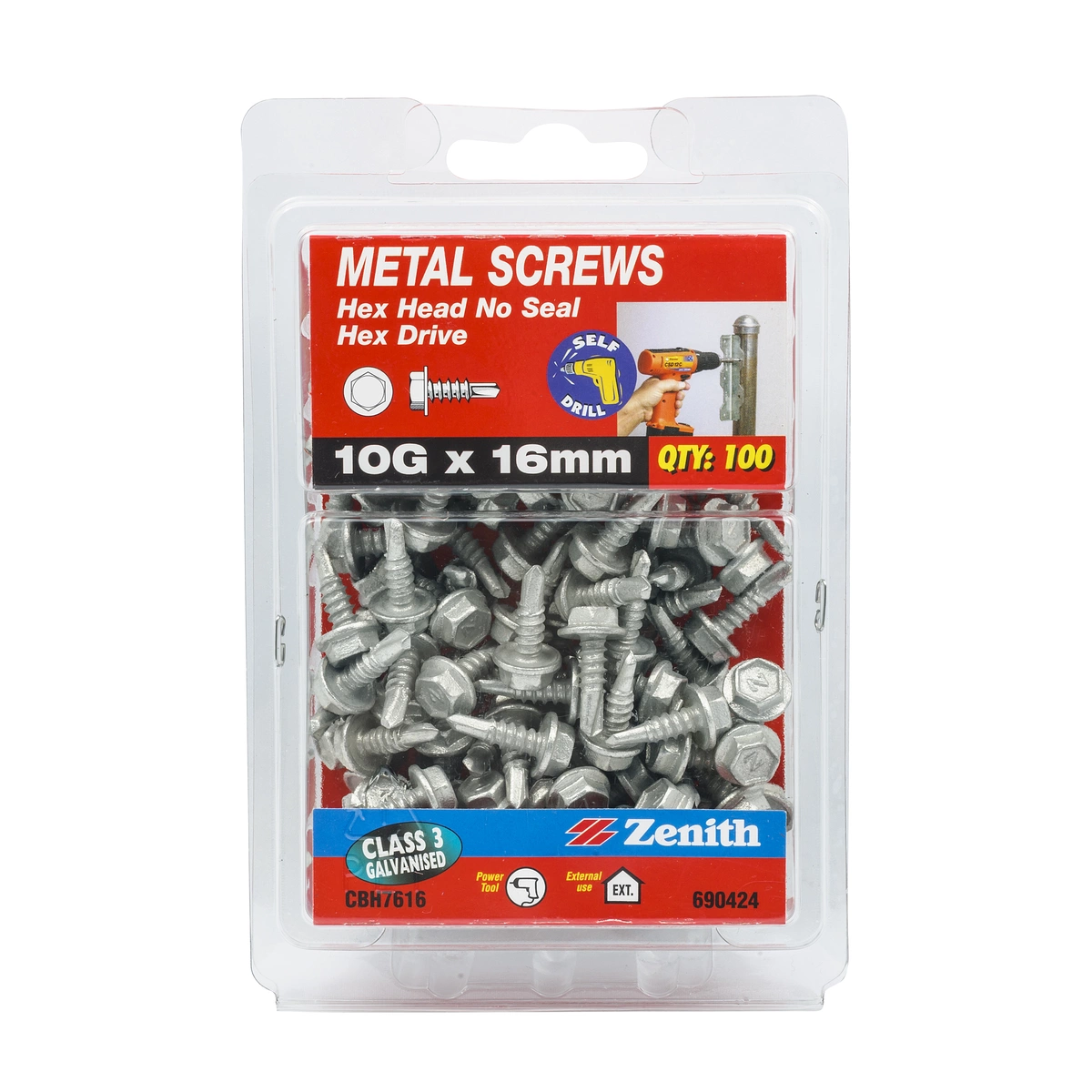 ZENITH® 10G x 16mm Class 3 Galvanised, Self Drilling, External Hex Drive, Metal Screws – External Use – 100 Pack