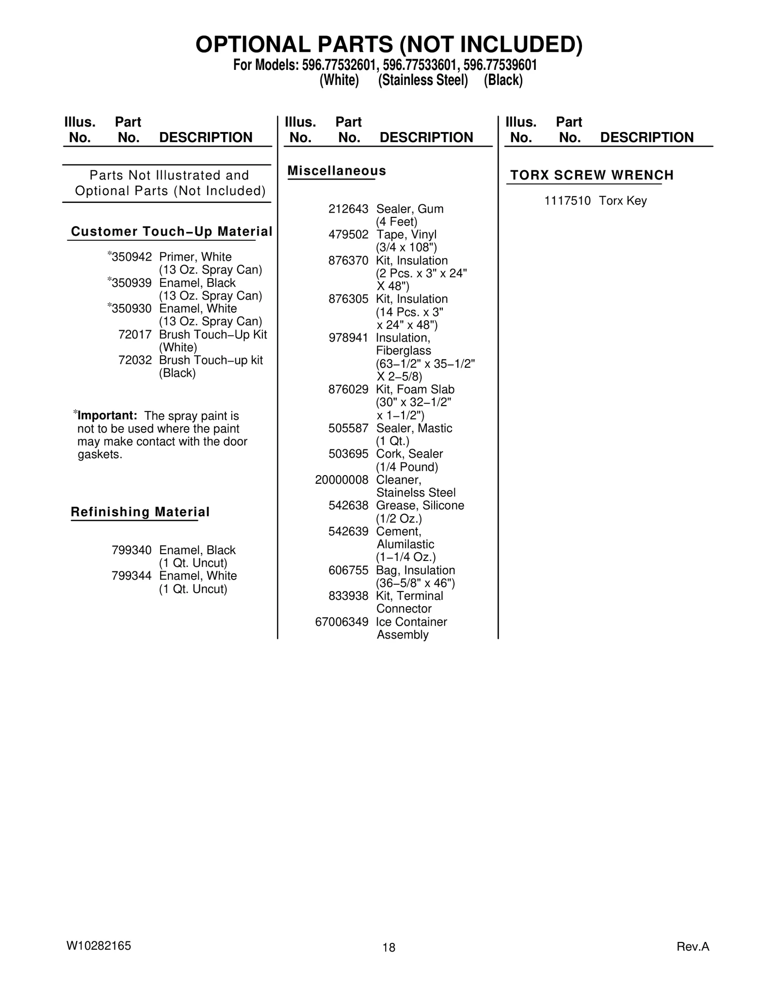 OPTIONAL PARTS (NOT INCLUDED)