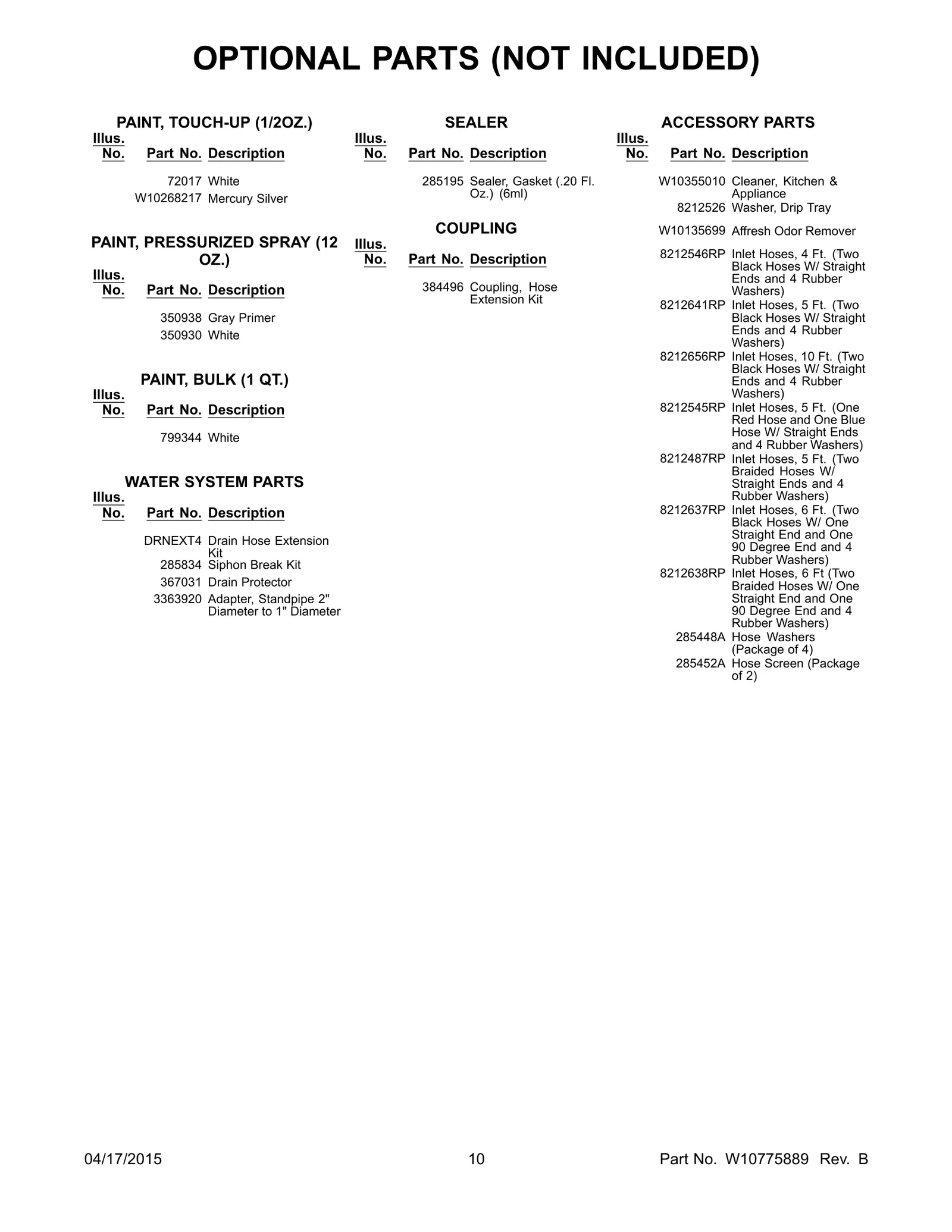 OPTIONAL PARTS (NOT INCLUDED)