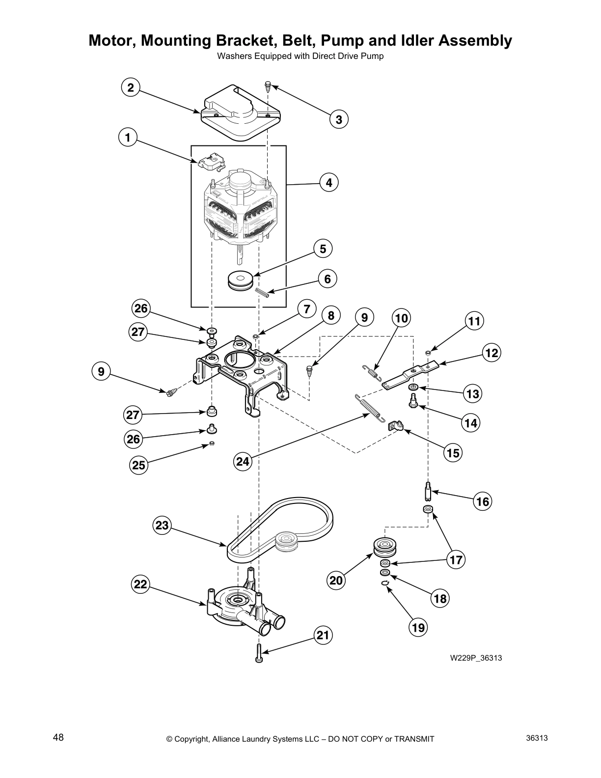 Motor, Mounting Bracket, Belt, Pump and Idler Assembly
