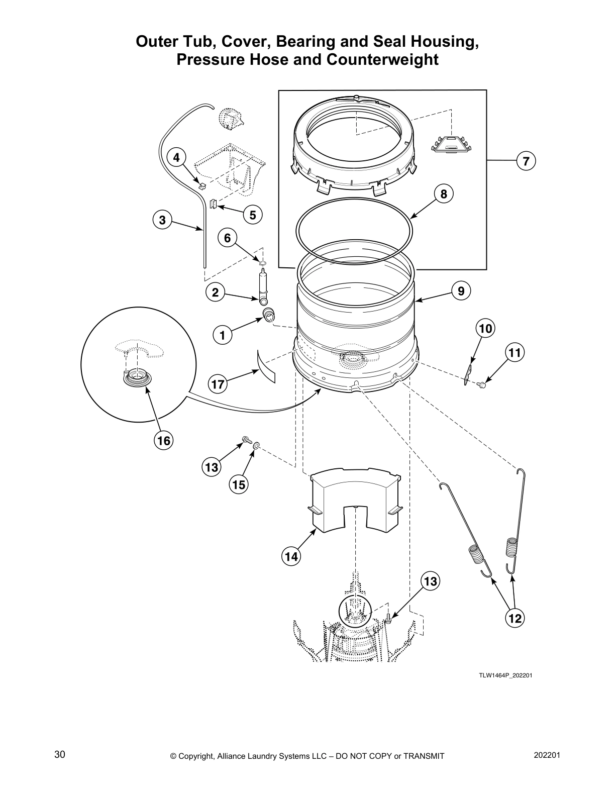 Outer Tub, Cover, Bearing and Seal Housing, 
Pressure Hose and Counterweight